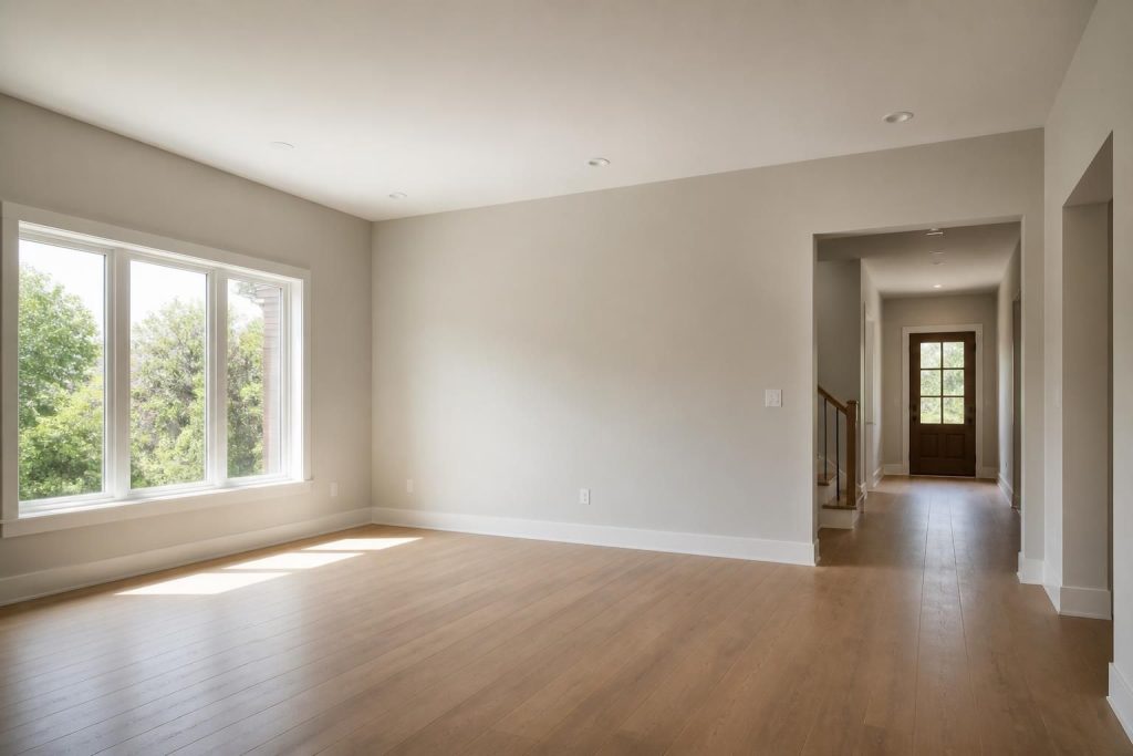 Wide view of a freshly finished drywall interior with smooth clean walls.