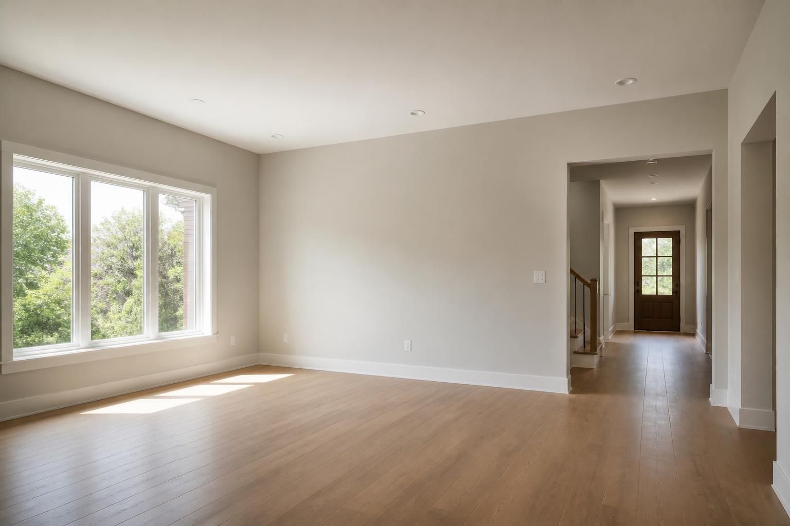 Wide view of a freshly finished drywall interior with smooth clean walls.